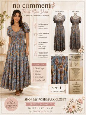 No Comment Cottagecore Floral Maxi Dress Puff Sleeve Blue Rayon L